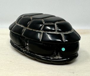 Artist Signed Zuni Turtle Fetish In Black Stone With Turquoise Eyes By Brian Yatsattie (V)