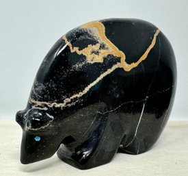 Artist Initialed Black Stone With Golden Yellow Marbling Zuni Bear Fetish With Turquoise Eyes (Z)