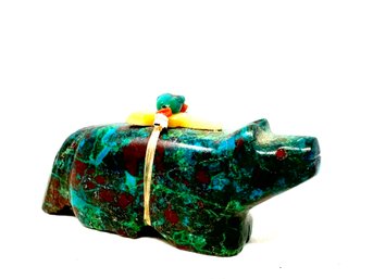 Artist Initialed Zuni Bear Fetish In Green, Blue & Red Stone With Turquoise & Coral Bundle (AD)