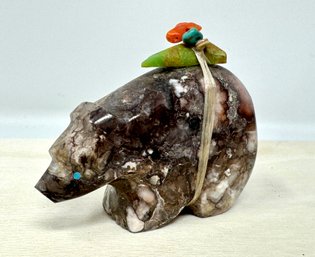 Zuni Bear Fetish In Wild Horse Magnesite With Turquoise And Coral Bundle (AG)