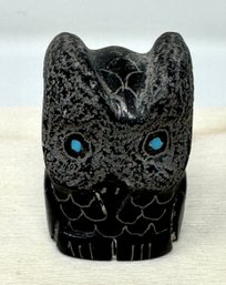 Artist Signed Zuni Owl Fetish In Etched Stone With Turquoise Eyes By Russell Shack (AJ)