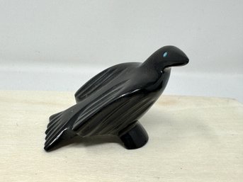 Artist Initialed Zuni Raven Fetish In Black Stone  With Turquoise Eyes (AK)