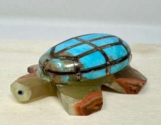 Artist Marked Green Marble And Blue Turquoise Zuni Turtle Fetish With Sterling Silver Inlay (AL)