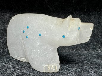 Artist Marked Zuni Bear Fetish In Ice White Stone With Inlay Turquoise - See Description (AN)