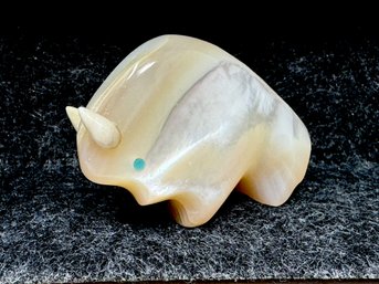 Artist Initialed Mother Of Pearl Zuni Buffalo / Bison Fetish With Turquoise Eyes  By Lynn Quam (BI)