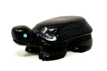 Zuni Turtle Fetish With Turquoise Eyes In Black Stone Signed By Artist Brian Yatsattie 2006 (BR)