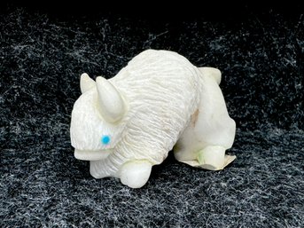 Vince Chavez Zuni Pueblo Buffalo / Bison Fetish From White Alabaster With Turquoise Eyes (BU)