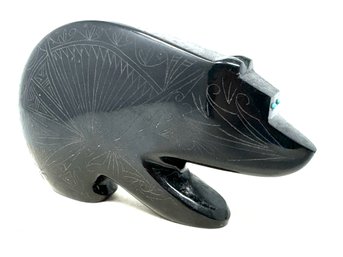 Etched Black Stone Bear Zuni Fetish With Turquoise Eyes Signed By Artist Jonathan Natewa (BZ)