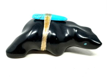 Black Bear Zuni Fetish, Black - Inlaid Turquoise Eyes And Turquoise Arrowhead Medicine Bundle (DB)