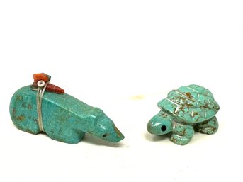 Turquoise Zuni Bear And Turtle Fetishes - Bear's Bundle With Turquoise And Coral (DE)