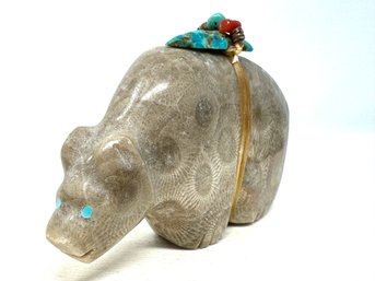 Zuni Bear Fetish In Natural Stone With Turquoise And Coral Bundle (DF)