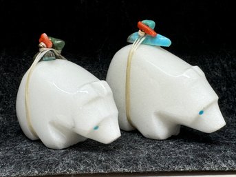 Pair Of Zuni White Stone Bear Fetishes Each With Turquoise And More Bundles (DI)