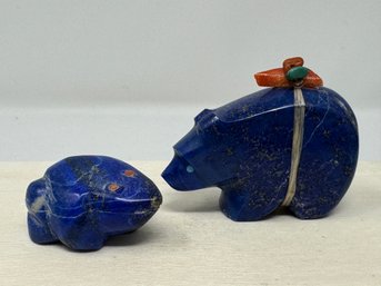 Bright Blue Stone Zuni Bear And Frog Fetishes - Bear With Coral Arrow Bundle By Emery Eriacho (DJ)