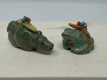 Turquoise Zuni Frog And Friend Fetishes With Mother Of Pearl Arrows, Turquoise And Coral In Bundles (DK)