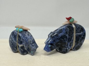 Pair Of Zuni Fetish Blue Stone Bears With Turquoise , Coral And Mother Of Pearl Bundles (DL)