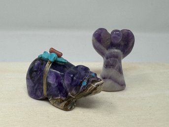 Purple And White Stone Zuni Bear Fetish And Pocket Angel With Turquoise And Coral Bundle (DN)