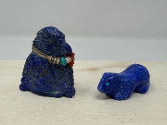 Carved Zuni Eagle And Bear Fetishes - Eagle Has Turquoise And Coral Necklace (DP)