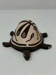 Zuni Pottery Turtle Hand Painted With Dragonfly And Tadpoles - Signed Carlos Laate