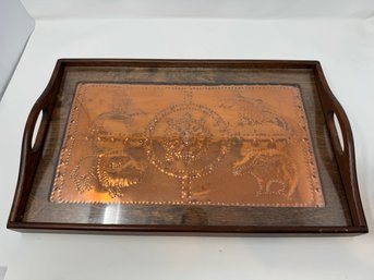 Needlepoint Tray With Native American Pierced Copper Inset - Wood Tray By Three Mountaineers Inc.