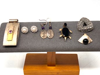 Collection Of Sterling And Gold Fill Jewelry (J44) Including Turtle Pin, Earrings And More