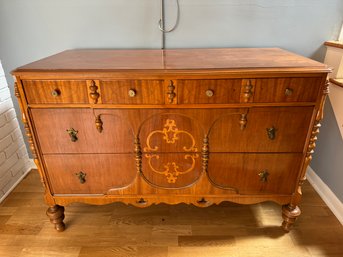 Antique Early 20th Century Jacobean Revival Walnut Burled Chest Of Drawers