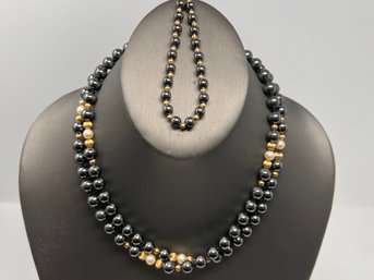 Necklace And Bracelet Set With Hematite, Pearls And 14k Gold Beads And Clasp