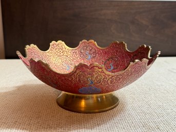 Vintage Brass Enameled Peacock Trinket Dish