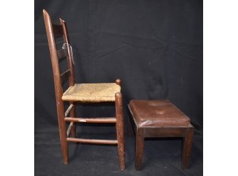 178. Antique Ladder Back Chair And Arts And Crafts Foot Rest