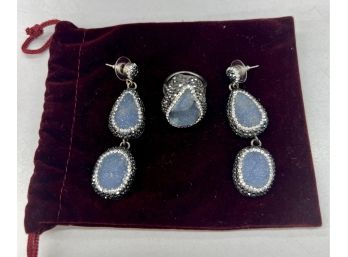 3. 1950s Sterling Druzy Agate Teardrop CZrhinestone Pierced Earrings With Matching Ring