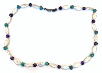 Frehswater Pearl, Amethyst & Turquoise Necklace, Sterling Clasp