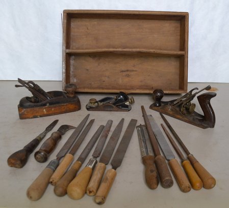 Vintage Wood Tool Caddy Filled With Three Wood Planers & Files