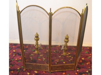 Brass Coated Fireplace Screen With Brass Log Holders