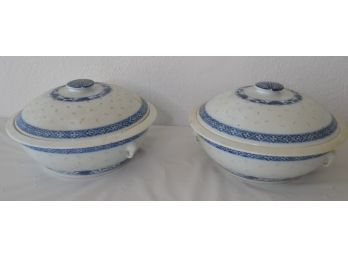 Two Blue And White 9' Server Dishes With Lids