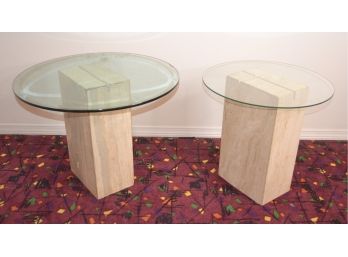 Two Ceramic End Tables With Glass Tops