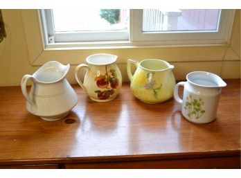 Four Assorted Pitchers - One Apple, One Clover, One Floral & One Plain With Gold Trim