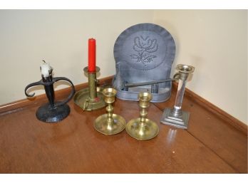 One Pair Of Brass Candle Stick Holders, Four Assorted Candle Holders & A Snuffer