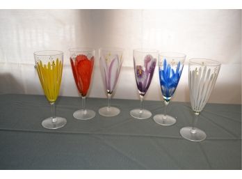 Set Of Six Floral Painted Stemmed Glasses