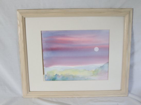 Framed Pastel Watercolor Sunset Signed Key