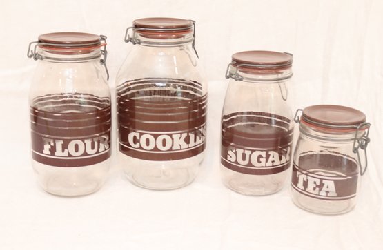 Vintage Glass Canisters Cookies Flour Sugar Tea Coffee Mason Storage Wire Lid Lock MCM