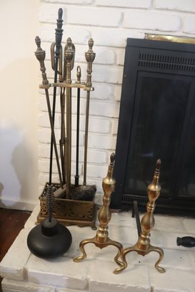 Vintage Brass Fireplace Tools, Andirons And Smudge Pot   (A-2)
