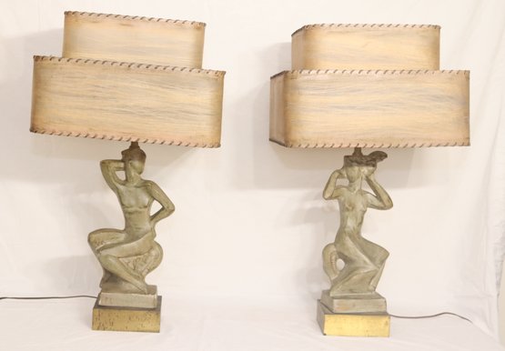 Vintage Pair Of Mid-century Table Lamps With Lampshades (A-49)