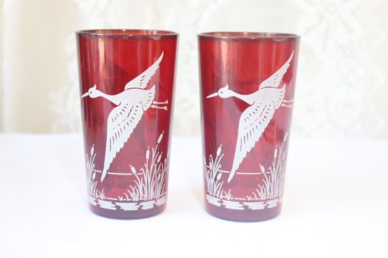 Vintage Anchor Hocking Depression Ruby Red Cranberry Glass Stork Tumblers (A-79)