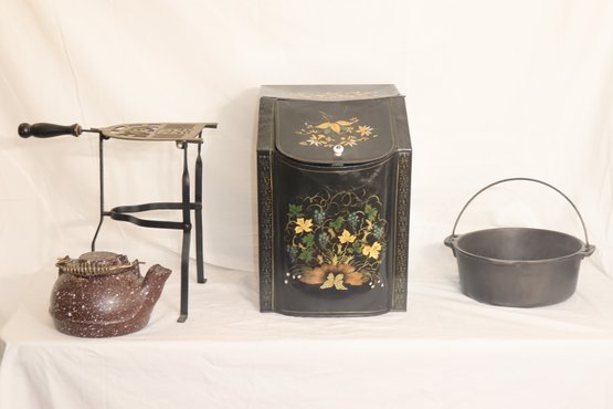 Assorted Fireplace Decor: Coalbin, Cast Iron Tea Kettle, Pot, Iron Stand. (A-85)