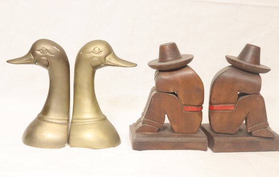 Brass Duck And Wooden Siesta Bookends