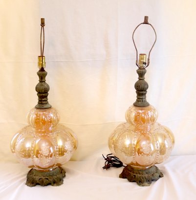 Vintage Pair Of Hollywood Regency Rose Print Bubble Glass Table Lamps (C-2)