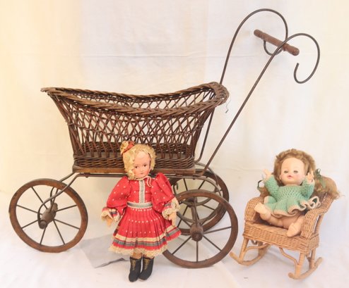 Vintage Wicker Rocking Chair & Baby Doll Carriage Dolls
