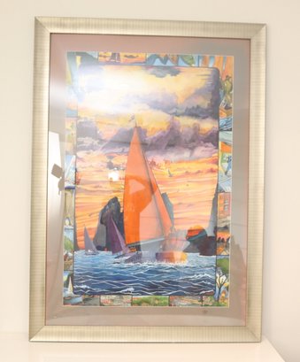 Framed Sailboat Picture Dread Lox Manhasset, NY Signed Freddy (L-1)