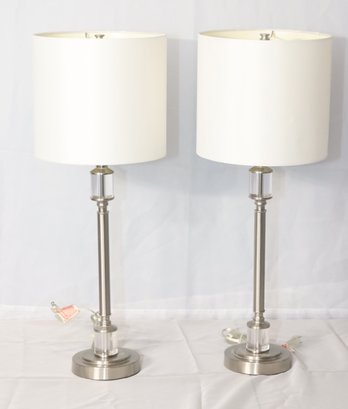 Pair Of Brushed Chrome Candlestick Table Lamps (h-22)