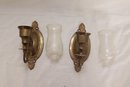 Vintage Brass Candle Sconces With Glass Hurricane Shades (A-79)