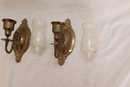 Vintage Brass Candle Sconces With Glass Hurricane Shades (A-79)